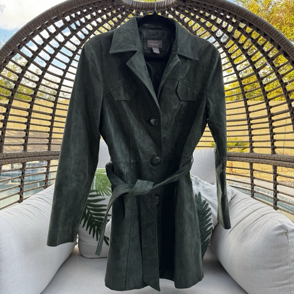 Kenar Women's 100% Suede Leather Coat Size‎ 8 Green Belted Mid Length Jacket
